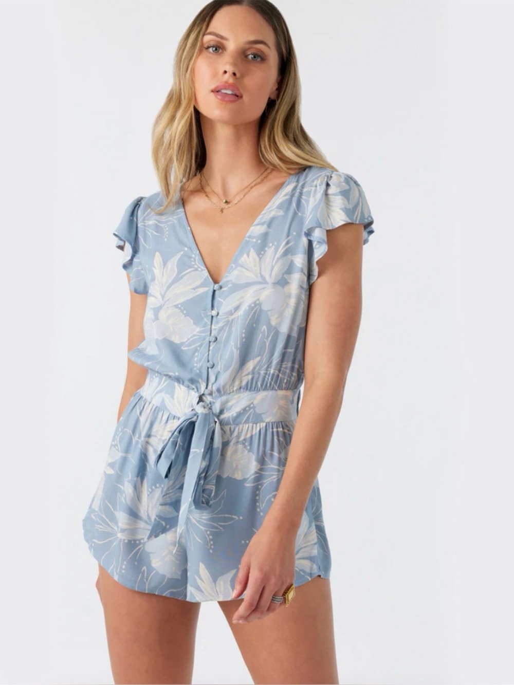 O’Neill Women’s Blue Tie Waist Button Front Darian Romper | L